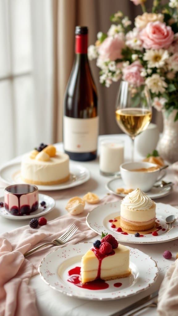 A beautifully arranged table with dessert and wine, perfect for a romantic dinner.