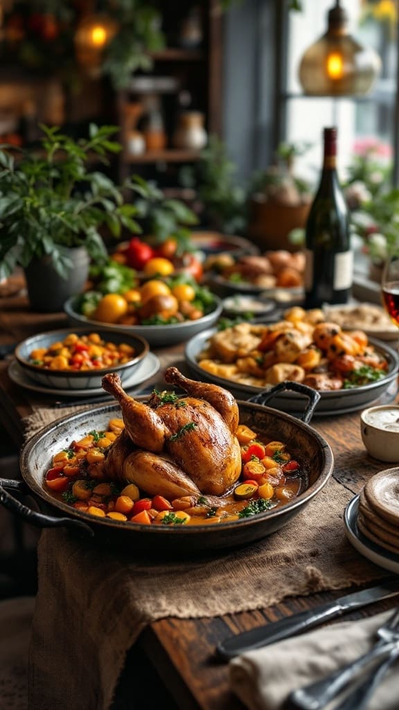 A beautifully arranged French bistro dinner featuring a roasted chicken with vegetables