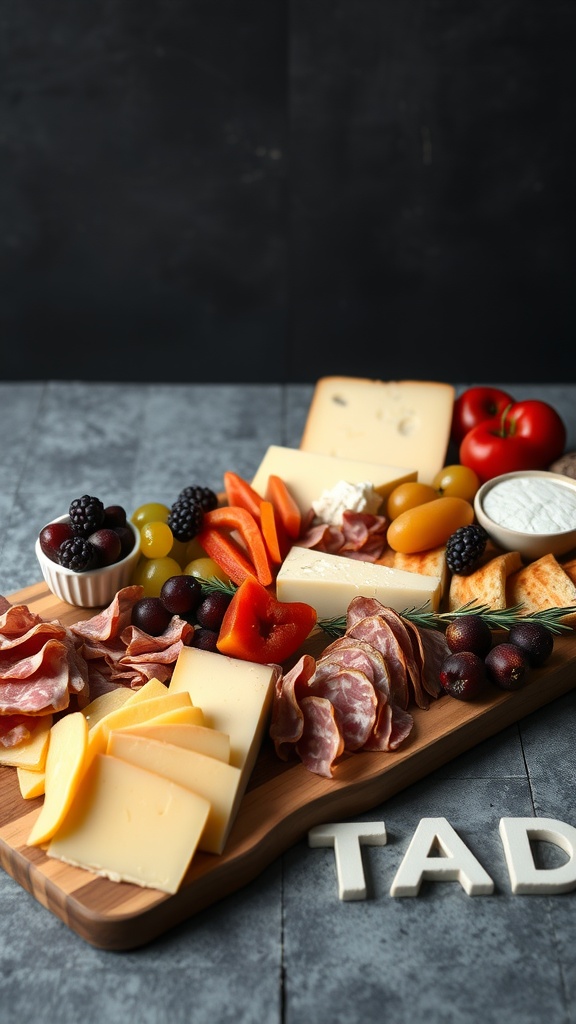 A beautifully arranged cheese and charcuterie board featuring various cheeses, meats, and fresh produce.