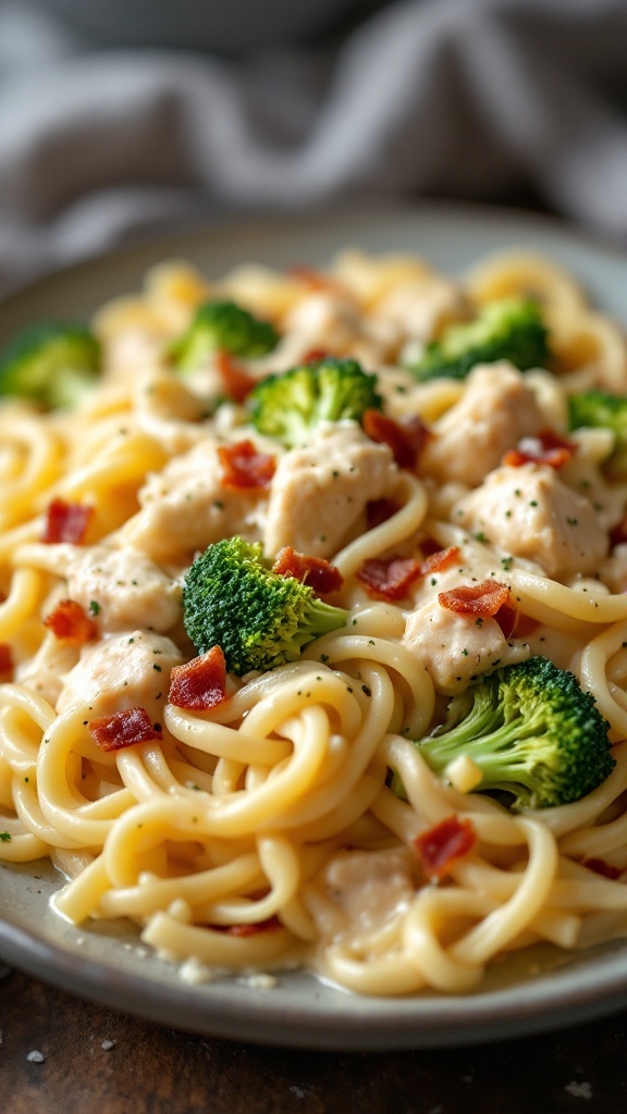 A plate of creamy chicken and bacon alfredo pasta with broccoli.