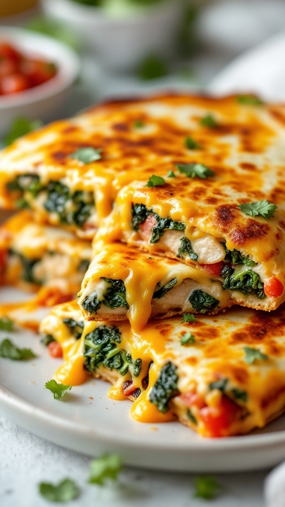 Delicious Cheesy Chicken and Spinach Quesadilla served with salsa and cilantro