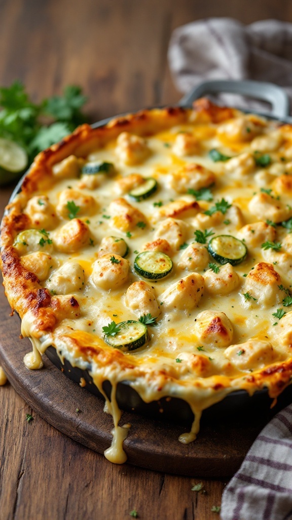 A cheesy chicken and zucchini casserole with a golden-brown topping