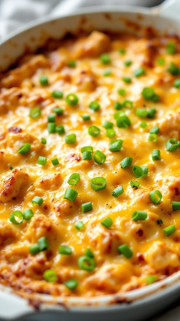 A cheesy chicken casserole topped with green onions