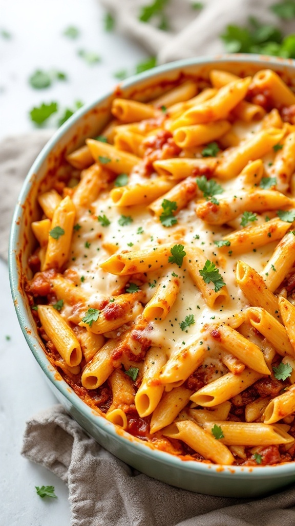 A cheesy chicken fajita pasta bake with colorful peppers and melted cheese.