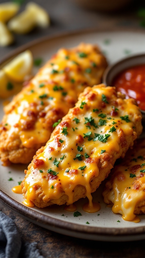 Cheesy chicken tenders on a plate with sauce