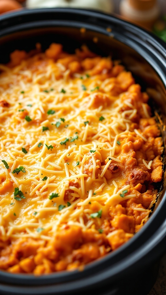 A cheesy sweet potato casserole in a slow cooker, topped with melted cheese and parsley.