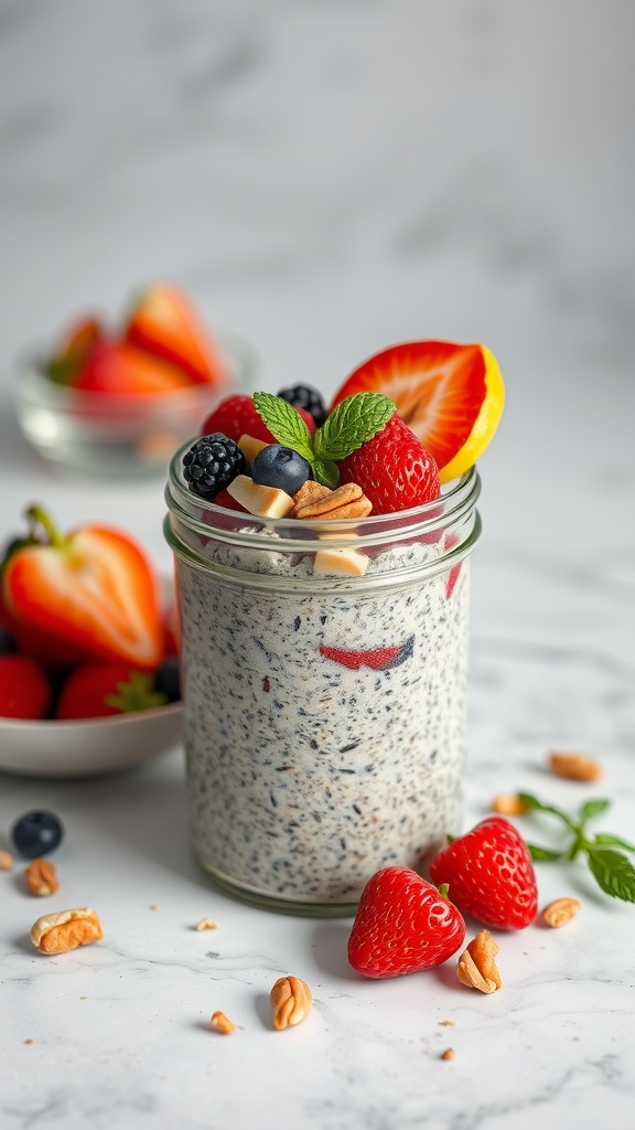 Delicious chia seed pudding topped with strawberries, blueberries, and nuts in a jar.