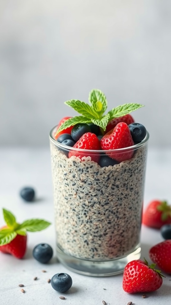 Chia seed pudding topped with fresh strawberries and blueberries