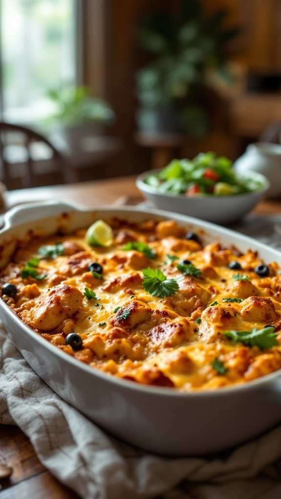 Delicious chicken casserole topped with a golden crust, served with a side salad