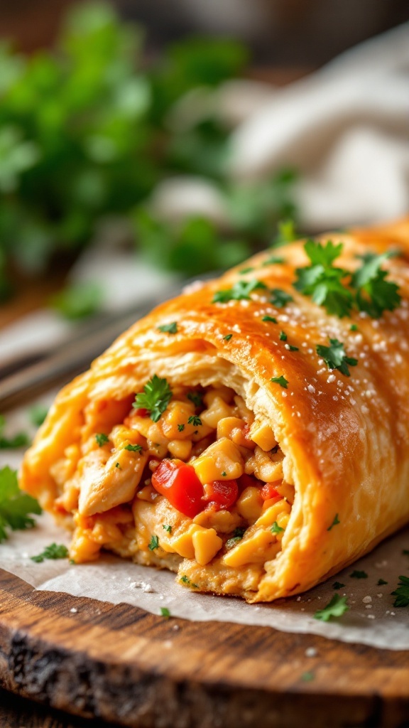 Delicious Chicken Ala King in puff pastry with colorful vegetables garnished with parsley.