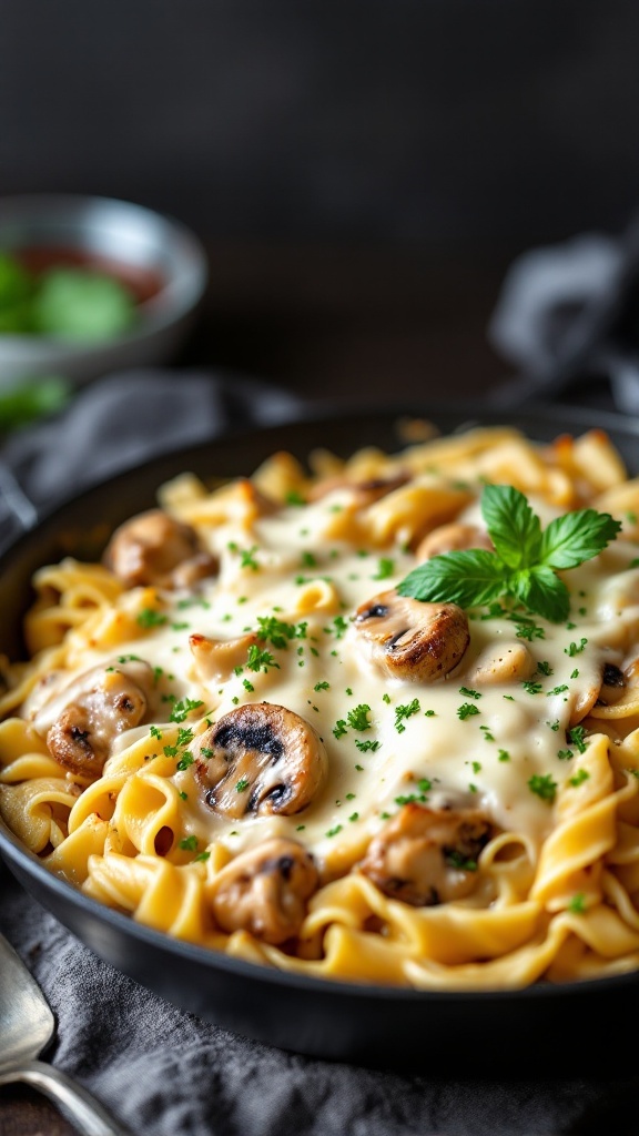 A delicious Chicken Alfredo Pasta Bake with mushrooms, featuring creamy pasta topped with melted cheese.