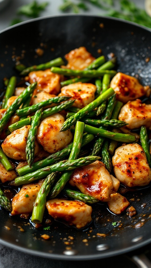 A colorful dish of chicken stir-fry with asparagus