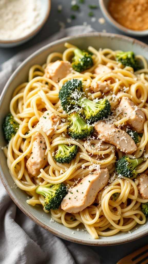 A plate of Chicken and Broccoli Alfredo pasta with chicken and broccoli pieces.