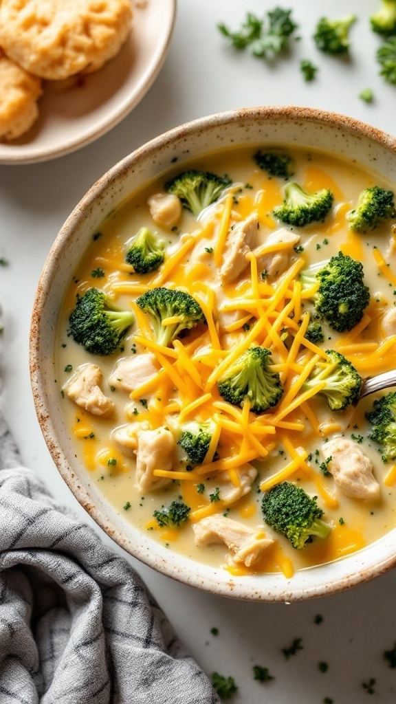 A warm bowl of chicken and broccoli cheese soup topped with shredded cheese and fresh broccoli