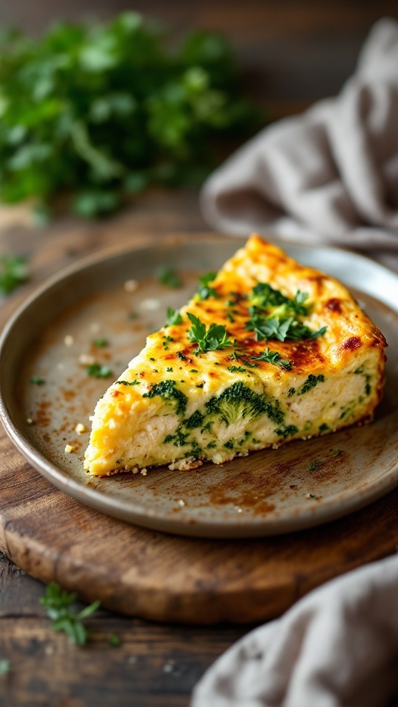 A slice of chicken and broccoli frittata served on a plate