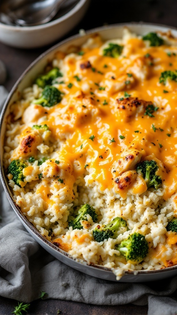 A cheesy chicken and broccoli rice bake in a baking dish.