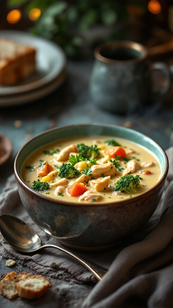 A warm bowl of creamy chicken and broccoli soup, garnished with parsley.