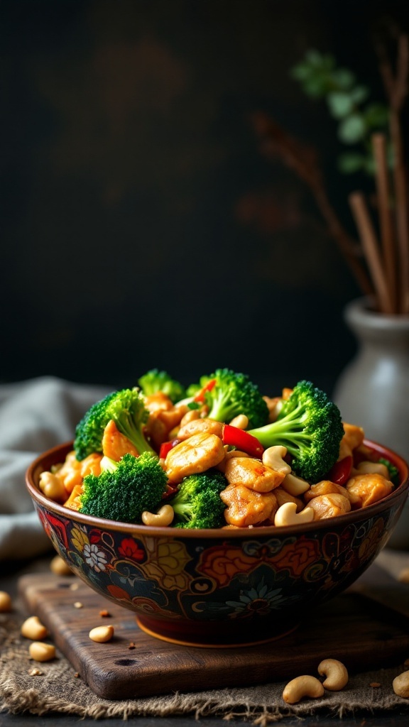 A colorful bowl of chicken and broccoli stir-fry with cashews.