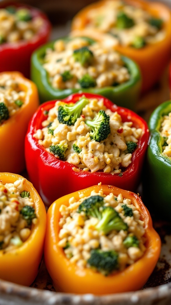 Colorful stuffed peppers filled with chicken and broccoli