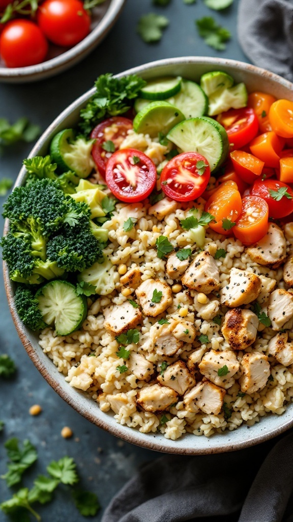 A colorful Chicken and Cauliflower Rice Bowl filled with vegetables and topped with cilantro.