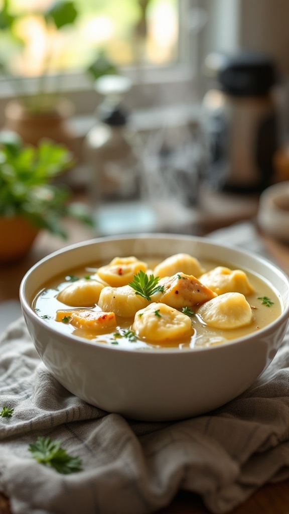 A bowl of chicken and dumpling soup, featuring fluffy dumplings and vegetables in a creamy broth.