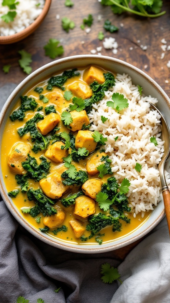 A bowl of chicken and kale curry with coconut milk served with rice.