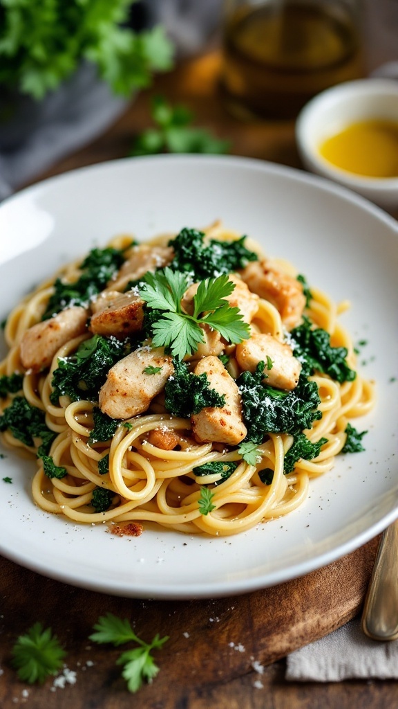 A plate of chicken and kale pasta garnished with parsley and parmesan.