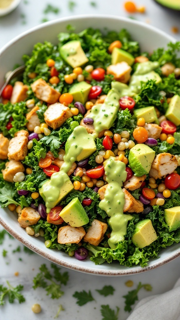 A colorful chicken and kale salad topped with avocado dressing.