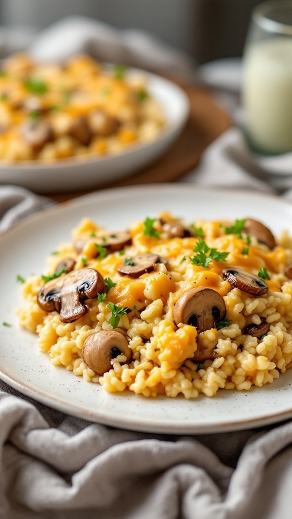 A serving of Chicken and Mushroom Cauliflower Rice Bake on a plate.