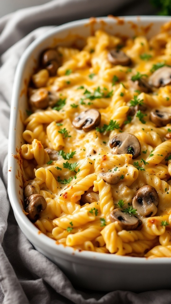 A creamy chicken and mushroom pasta bake topped with melted cheese and garnished with parsley.