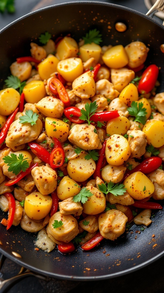 A colorful chicken and potato stir-fry with vegetables.