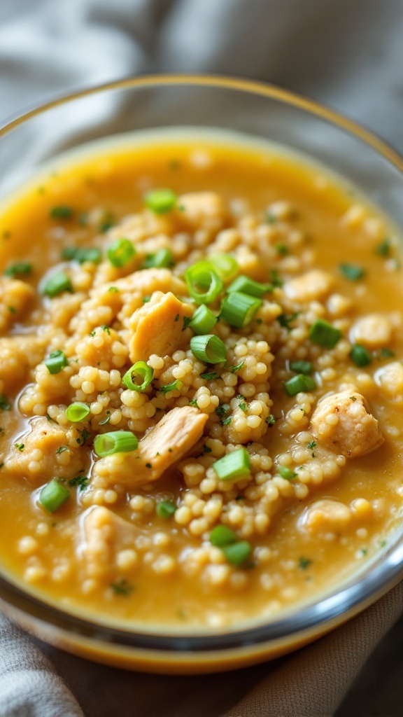 A bowl of chicken and quinoa soup topped with green onions and herbs.