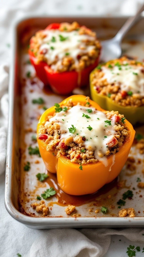 Stuffed bell peppers filled with ground chicken, quinoa, and topped with cheese.