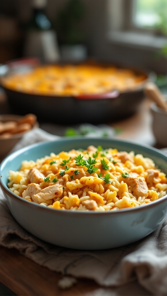 A bowl of chicken and rice casserole topped with fresh herbs.