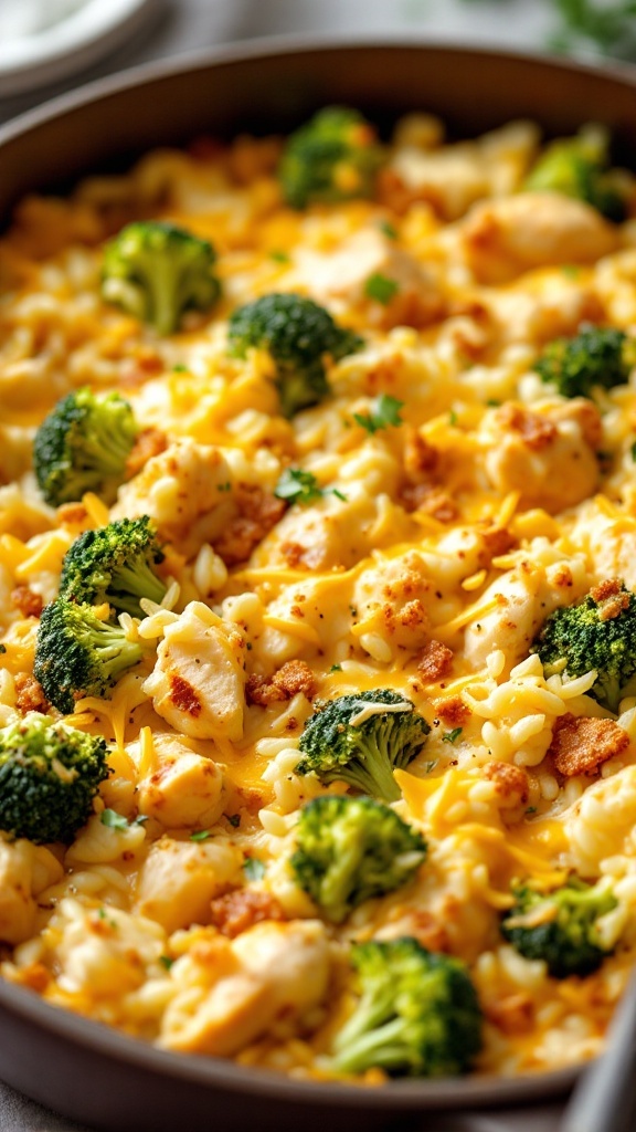 A comforting chicken and rice casserole with broccoli, topped with cheese and breadcrumbs, served in a baking dish.