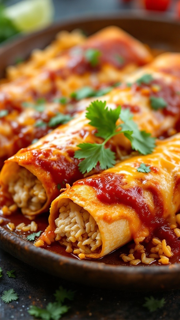 A plate of chicken and rice enchiladas, topped with sauce and cheese.