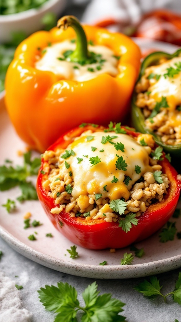 Stuffed peppers with chicken and rice topped with cheese