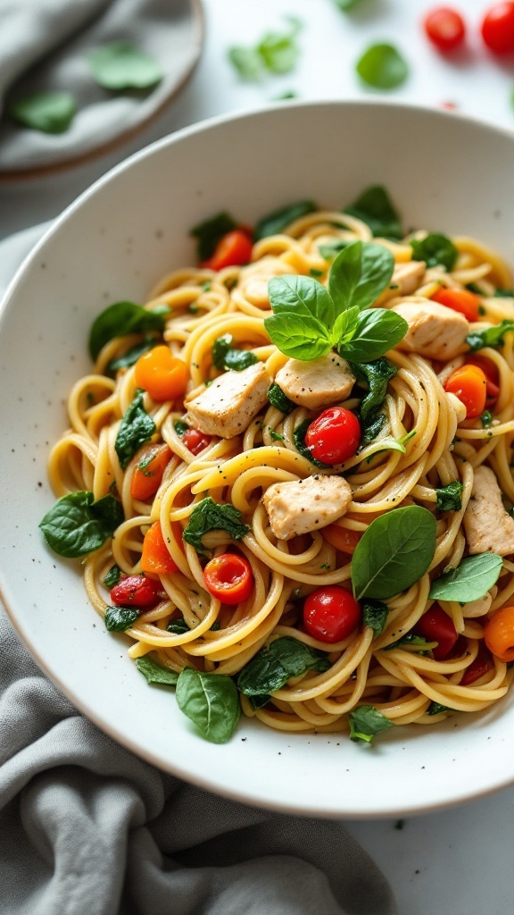 A bowl of Chicken and Spinach Pasta Primavera with colorful vegetables.