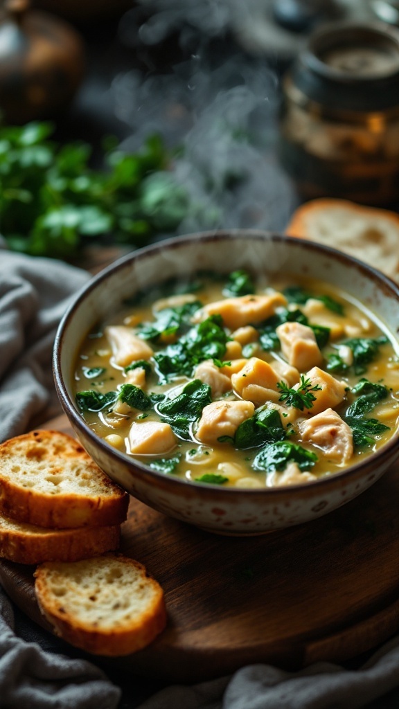 A bowl of chicken and spinach soup with sliced bread on the side.