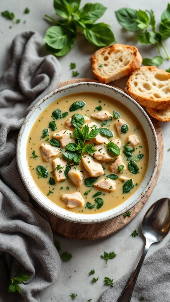 A bowl of chicken and spinach soup garnished with herbs and served with bread