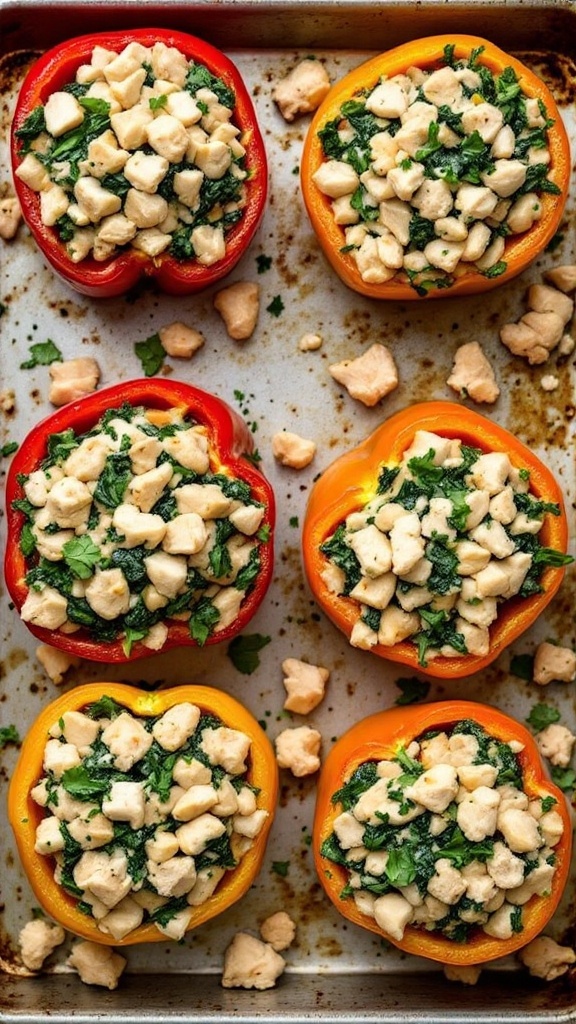 Colorful stuffed bell peppers with chicken and spinach filling