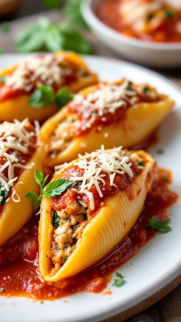 Chicken and Spinach Stuffed Shells on a plate with marinara sauce and cheese