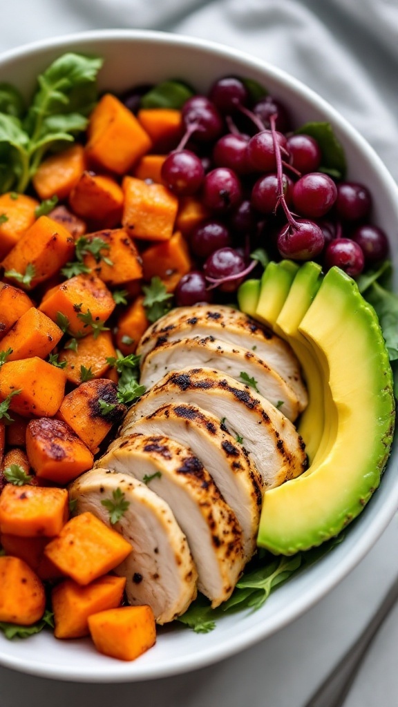 A colorful chicken and sweet potato buddha bowl featuring grilled chicken, roasted sweet potatoes, avocado, and fresh greens.