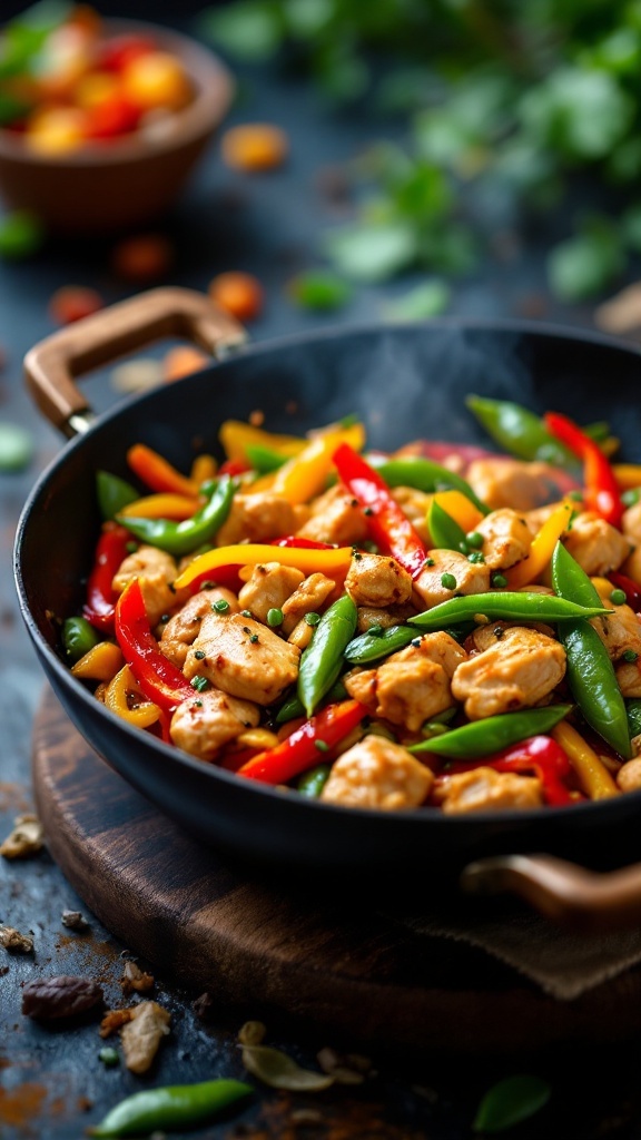 A colorful chicken and vegetable stir-fry in a skillet.