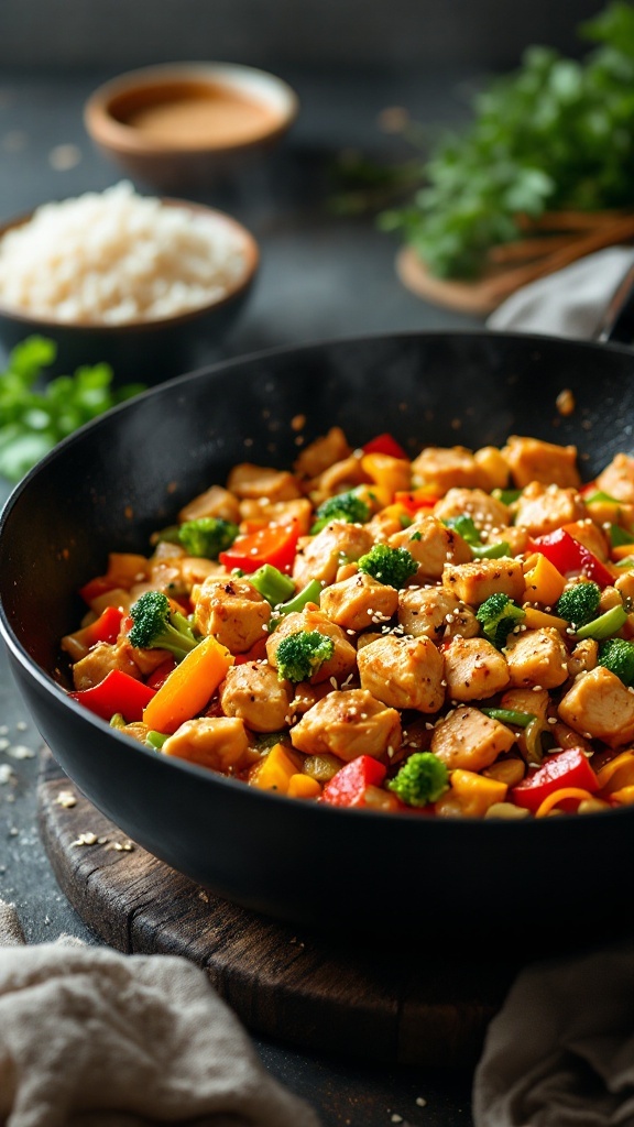 A colorful chicken and vegetable stir-fry in a bowl, garnished with sesame seeds, served with rice.