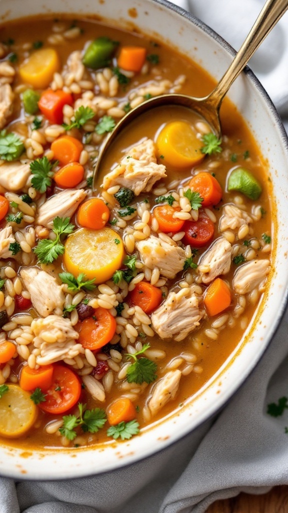 A bowl of Chicken and Wild Rice Soup with vegetables and herbs