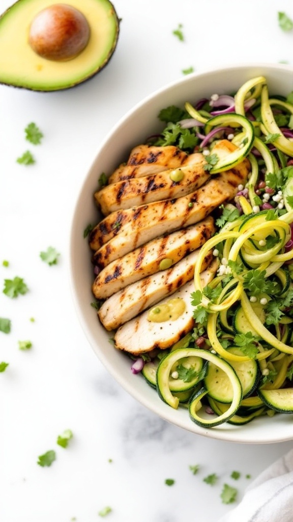 A fresh chicken and zucchini salad with avocado dressing