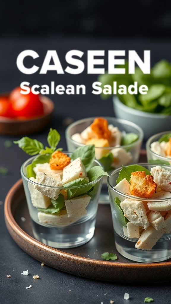 Chicken Caesar Salad Cups in clear cups with greens and chicken