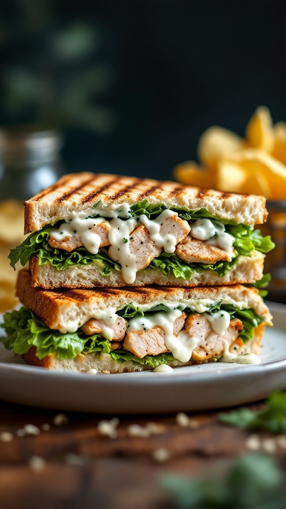 A delicious Chicken Caesar Salad Panini with grilled chicken, lettuce, and creamy dressing.