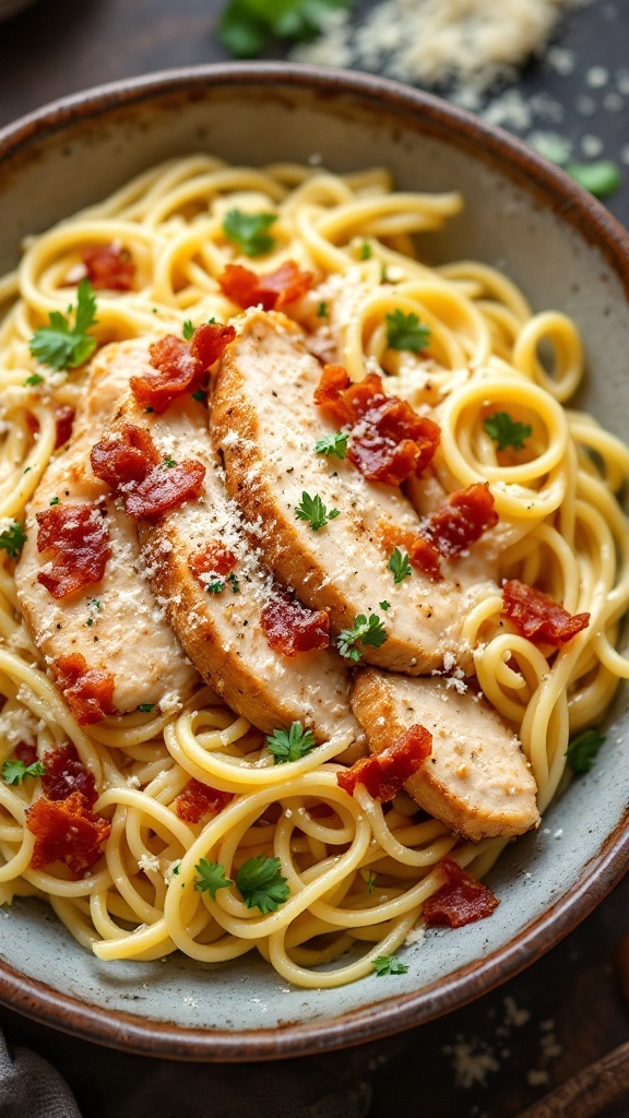 A bowl of Chicken Carbonara with crispy pancetta and garnished with parsley.